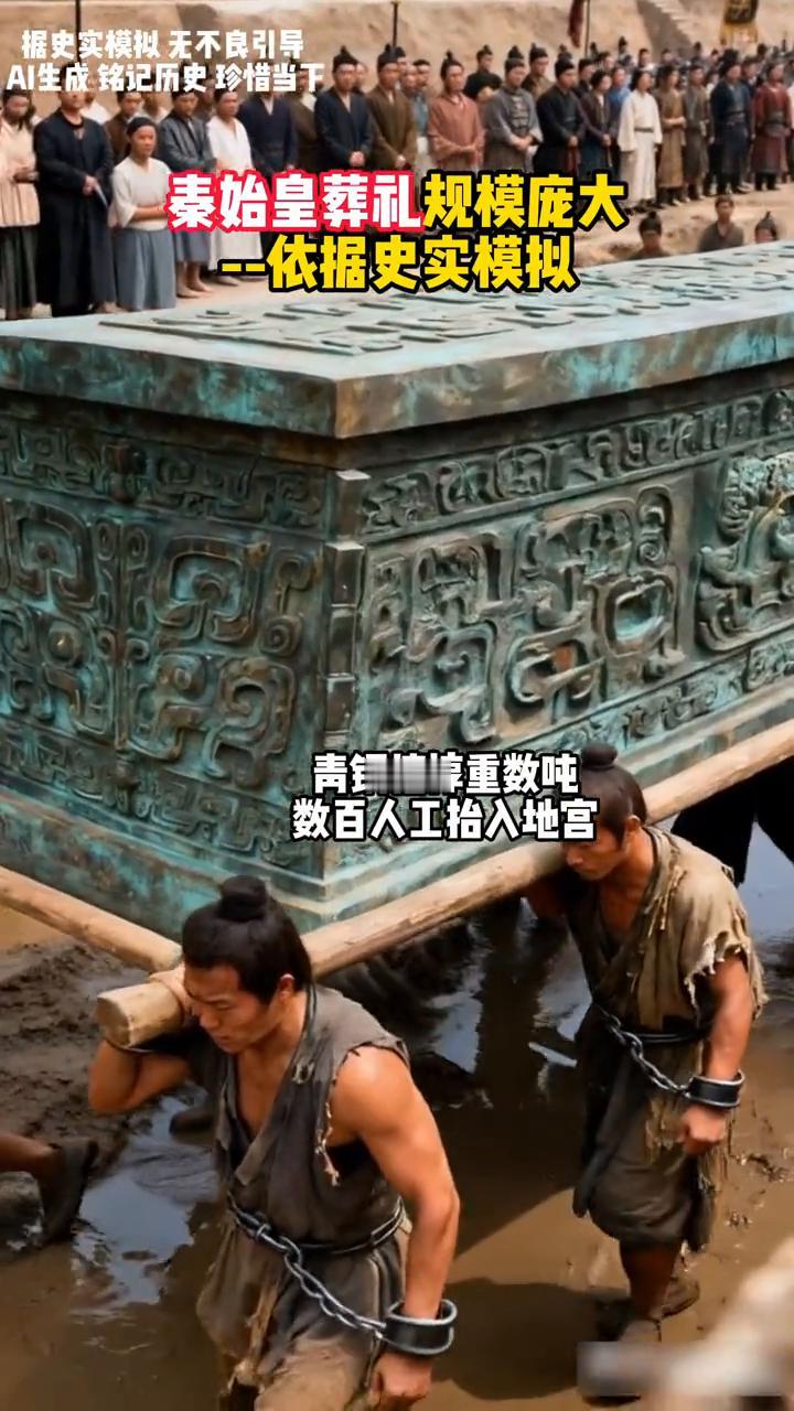 秦始皇葬礼规模庞大。依据史实模拟，青铜棺椁重数吨，数百人工抬入地宫，金银珠宝紧