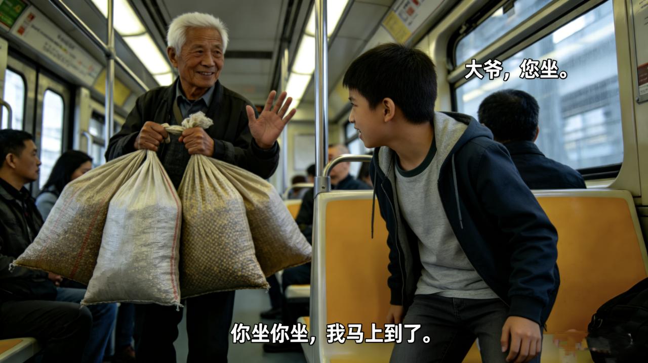 地铁里，一个男孩捧着手机打游戏，嘴里骂骂咧咧。旁边站着个老人，拎着大包小包，大