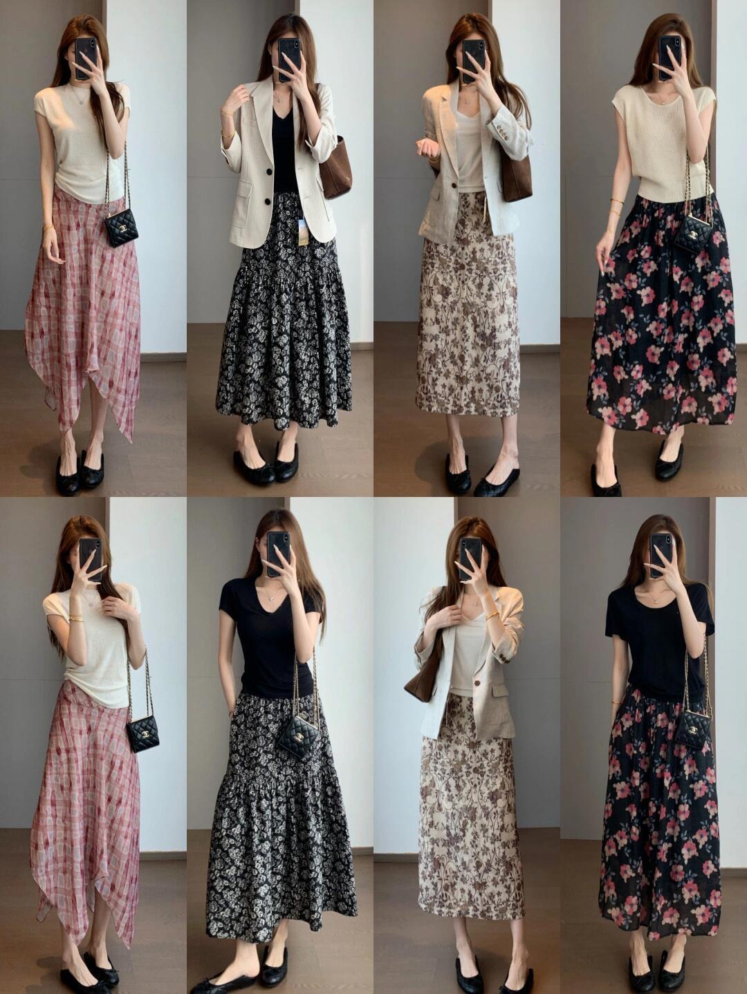 夏季出街当然少不了碎花裙呀，这样搭配很优雅！不同花色的半身长裙适配性超强，搭配米