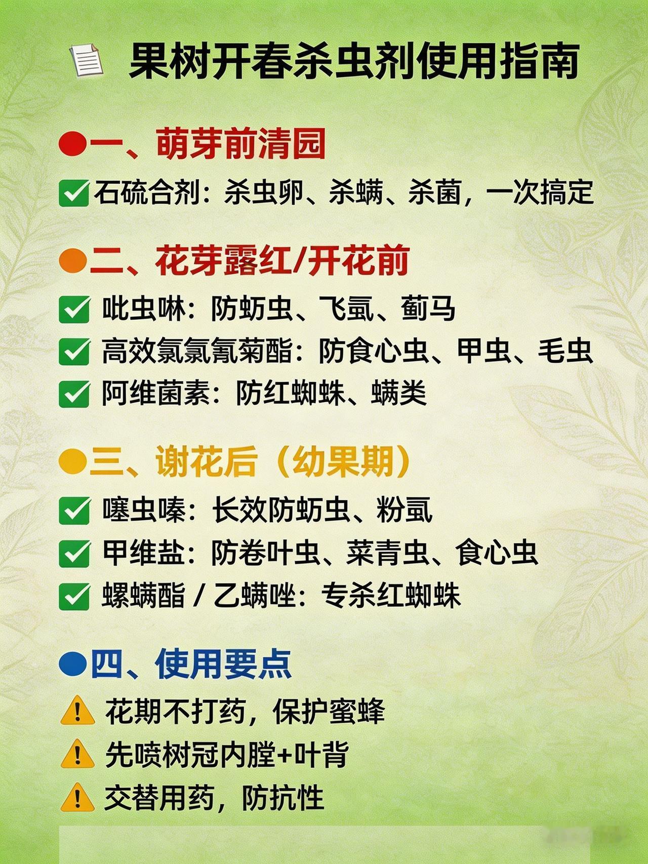 果树开春杀虫，要趁虫子“刚醒”、还没产卵时动手。最佳时机：萌芽前喷第一遍药，铲除