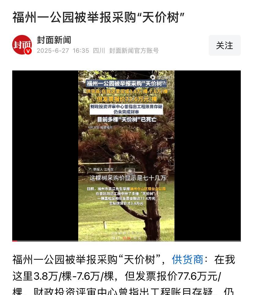 福州现在经济强了，搞绿化出手也是真大方，某公园采购一棵树要几十万，施工方那是真舍