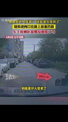 5月9日，辽宁一男子开车走在单行道上，老太太推着坐轮椅的老头，一直挡着右前方的道