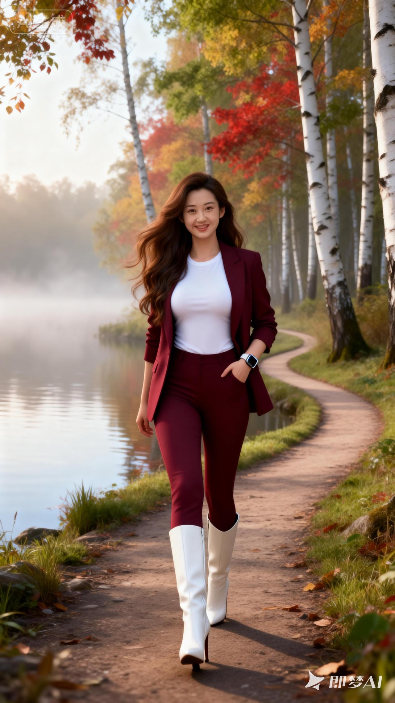 秋日漫步，红衣少女与白靴的完美搭配，尽显时尚与优雅。