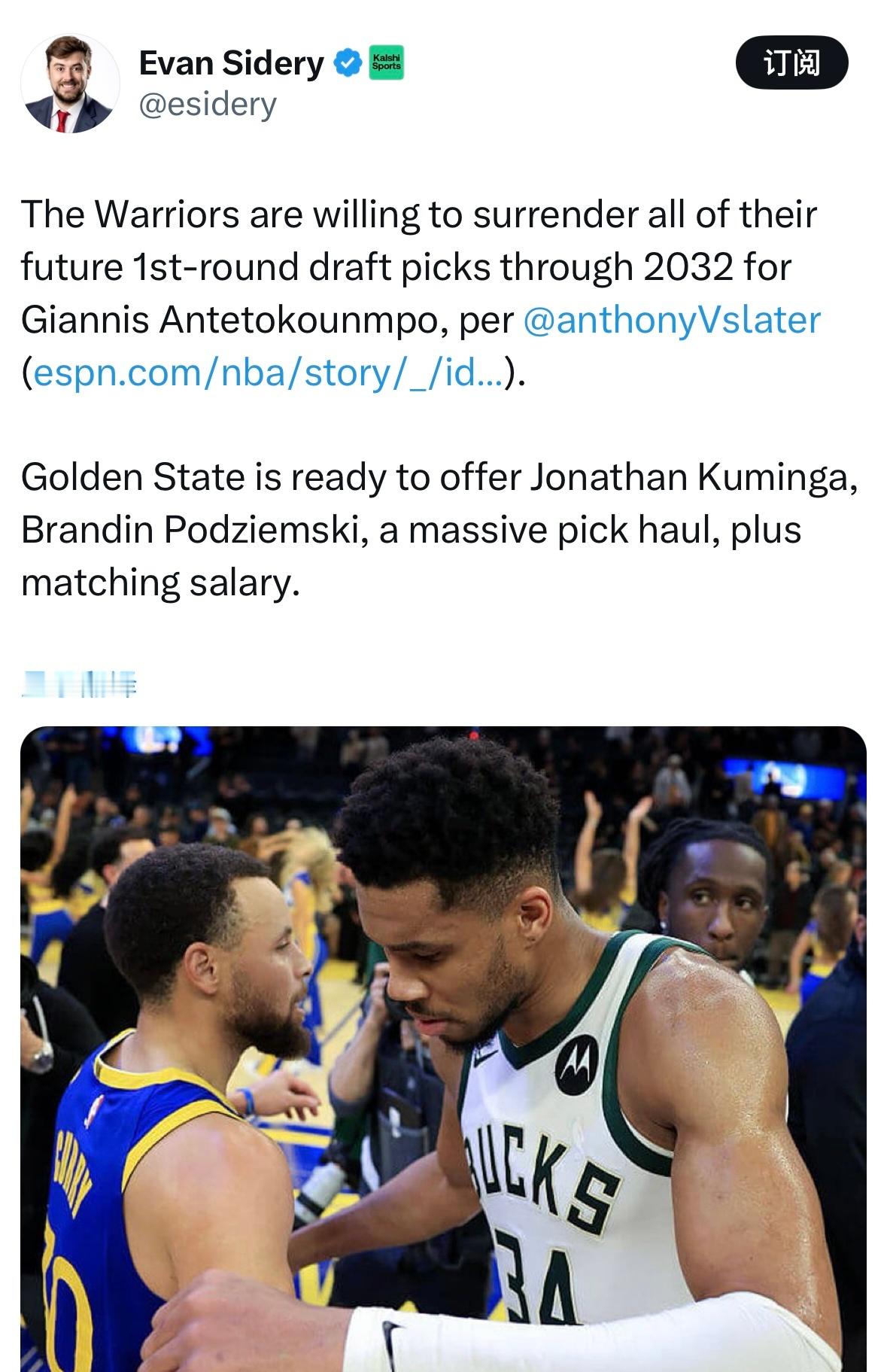 勇士梭哈？！😱勇士记者AnthonySlater：勇士队愿意为得字母哥，送出