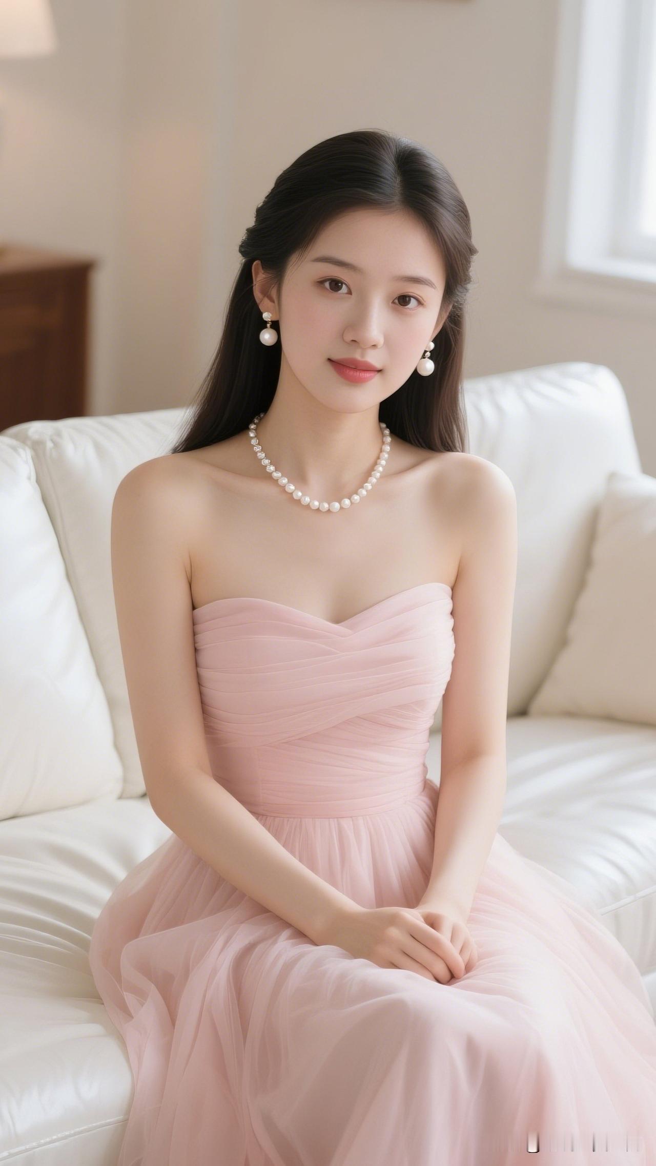 玉人如花，珠光似月。分享你心中的女神优雅粉色礼服，珍珠项链点缀，坐在白色沙发上