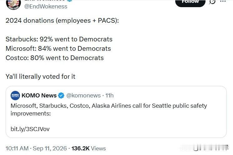 2024年捐款数据（员工+政治行动委员会）：Starbucks：92%捐给民主
