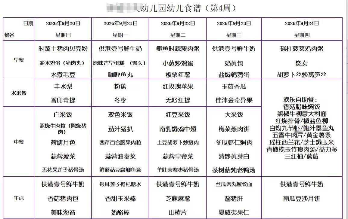 深圳福田幼儿园的菜单每周都不一样大家的都是这样吗？