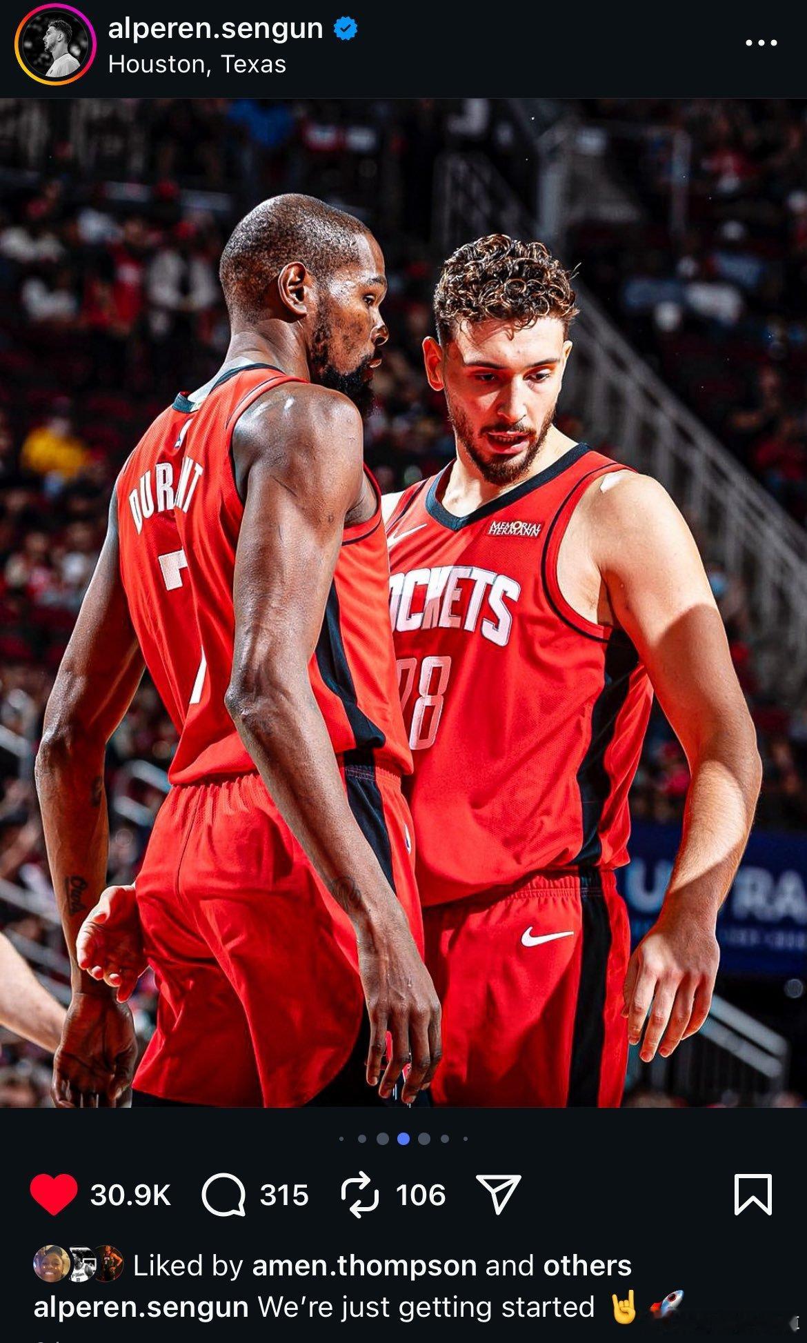 申京在IG上发布：“我们才刚刚开始🤘🚀”喜欢杜兰特和申京的二人组🐐🐐