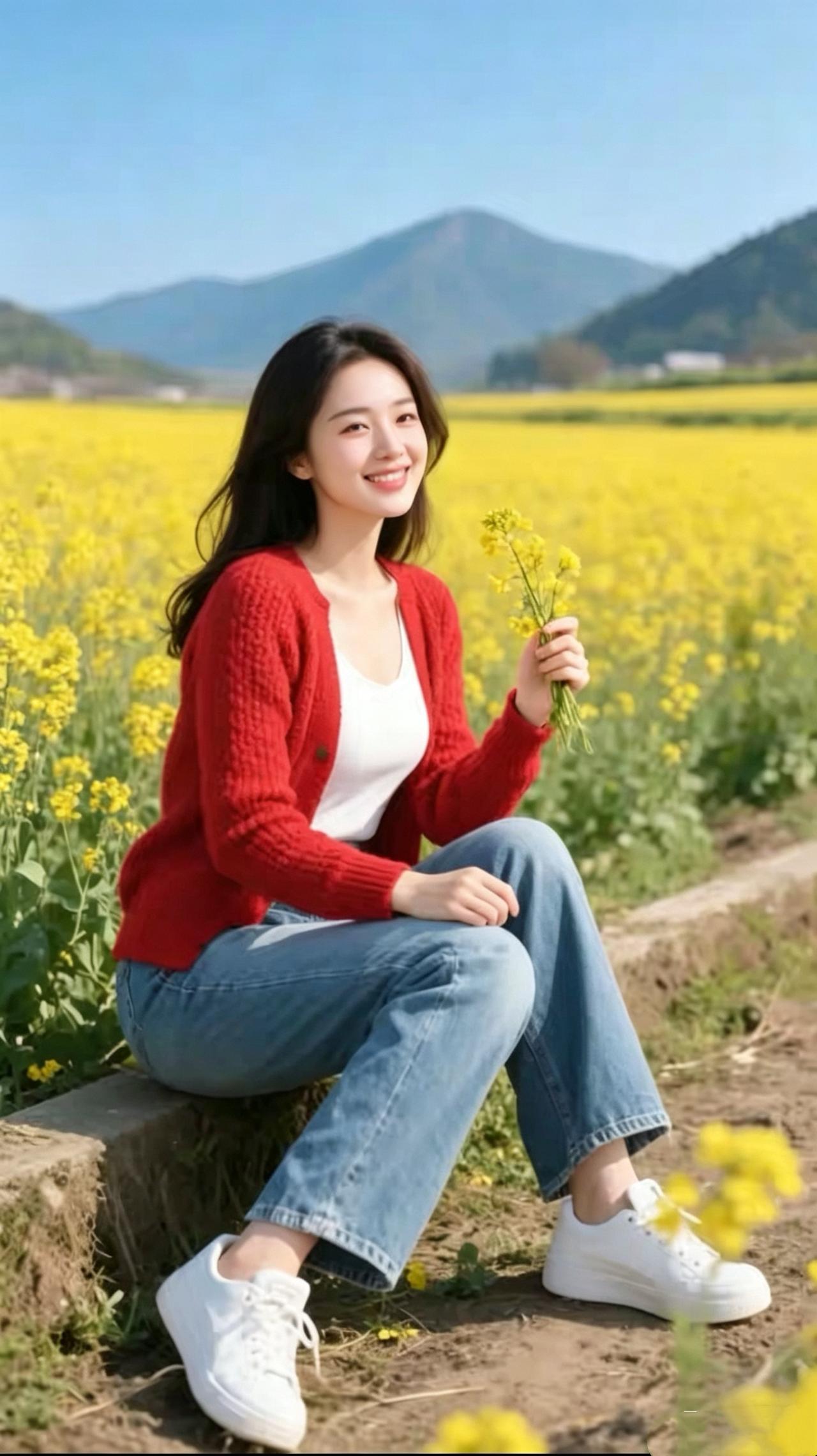 笑靥如花金浪随风漫野斜，佳人凝睇沐晴霞。拈花笑靥春同醉，揽鬓柔姿影自嘉。