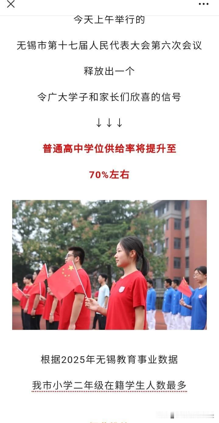 无锡初中升高中终于不用卷了，今年无锡普通高中学位供给率将达到70%，相比去年提高