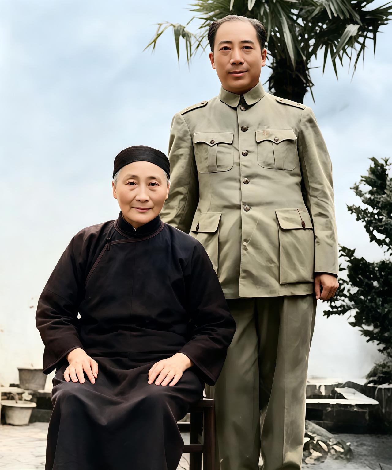 照片里，老妇人端坐前头，一身黑布斜襟褂子，头戴黑色抹额，双手规规矩矩放在膝上；她