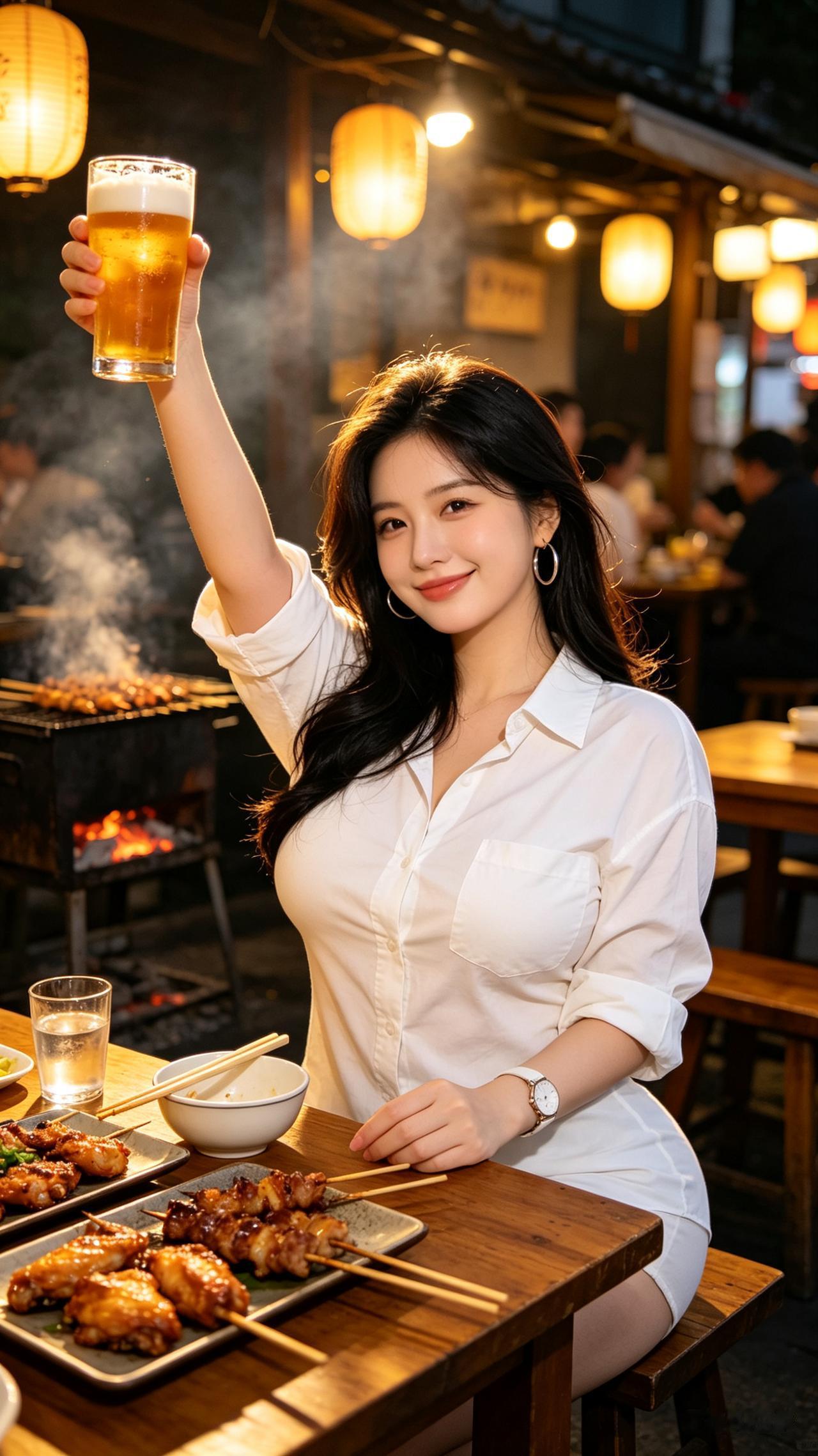 夜市烧烤摊人像，娃娃脸冷白皮女生黑发披肩，白衬衫配银环耳饰，举杯浅笑，身形丰腴匀