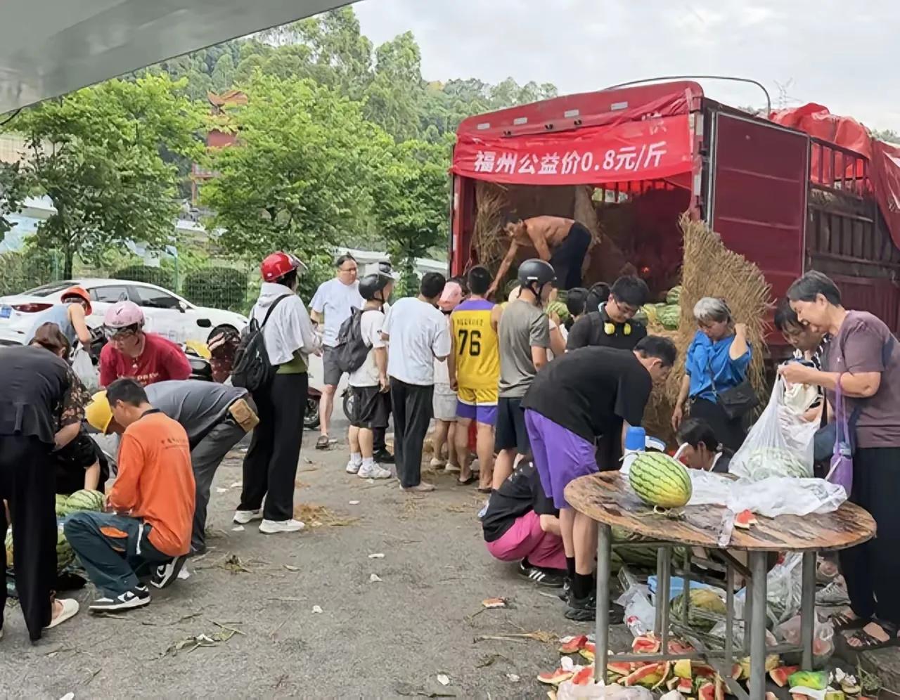 今年河南开封西瓜滞销，商家开始想尽法子促销。运到福州的西瓜今天每斤8角的公益价