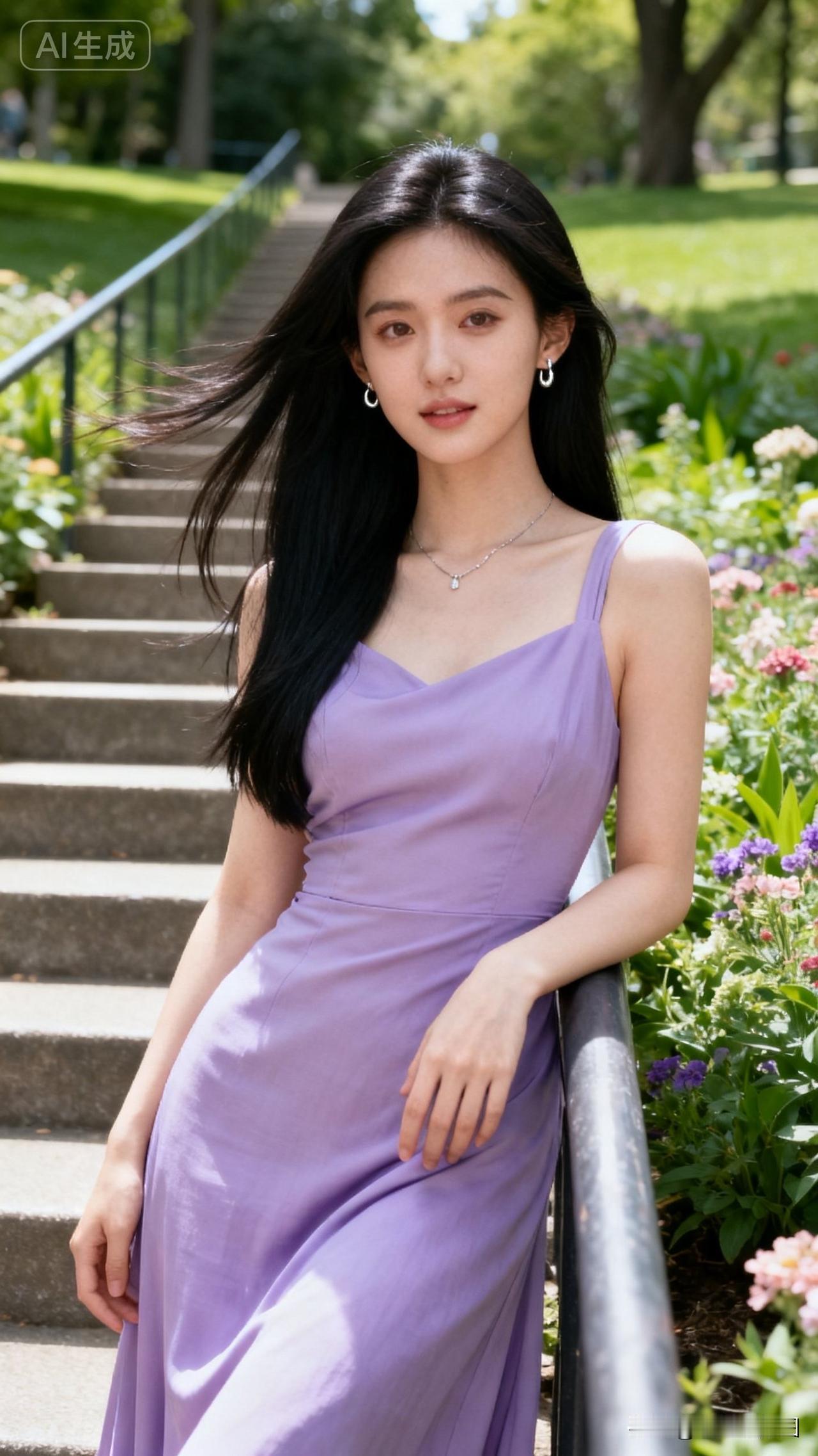 她站在台阶上，笑容甜美。