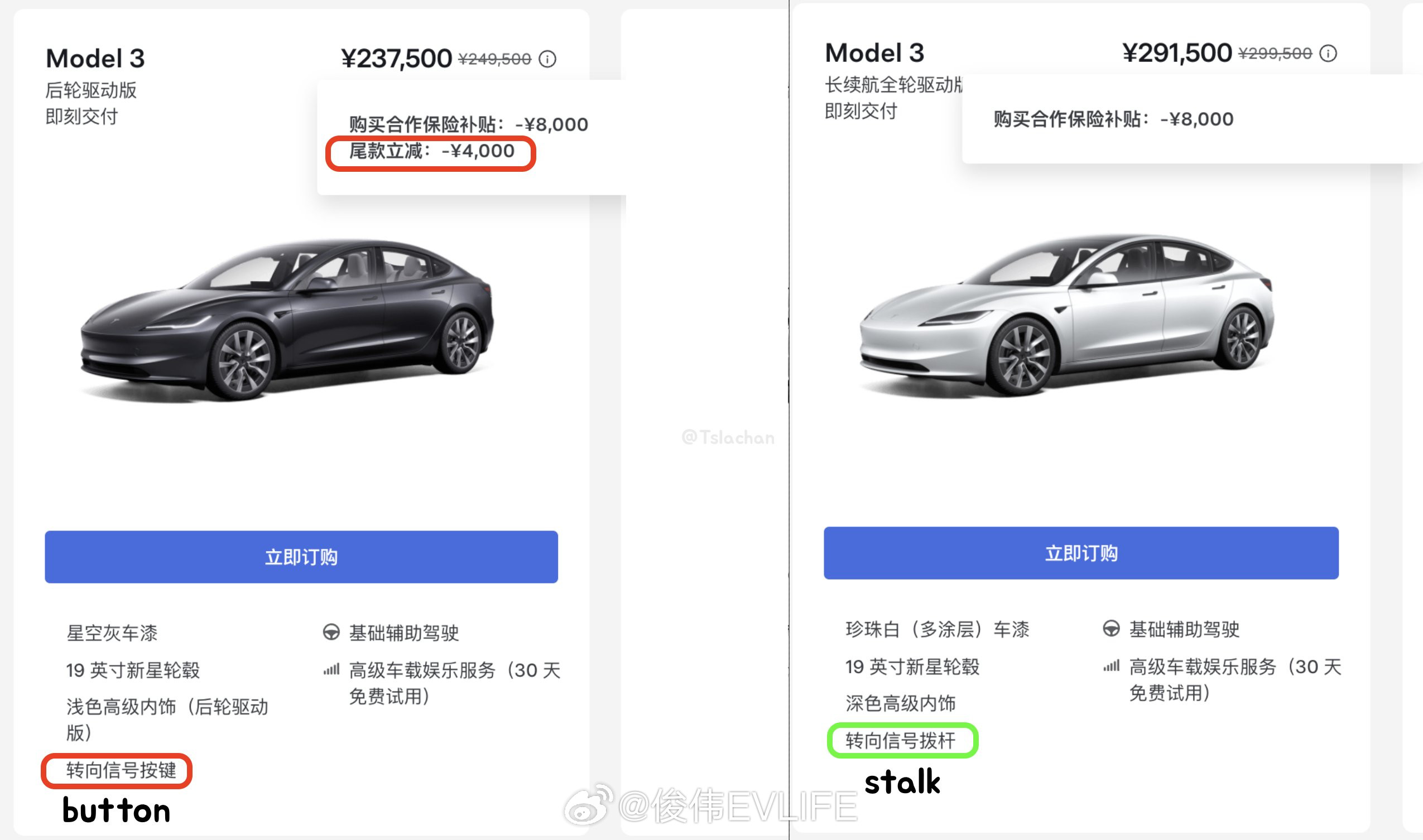 特斯拉中国为配备转向灯按钮的Model3RWD车型提供额外4,000