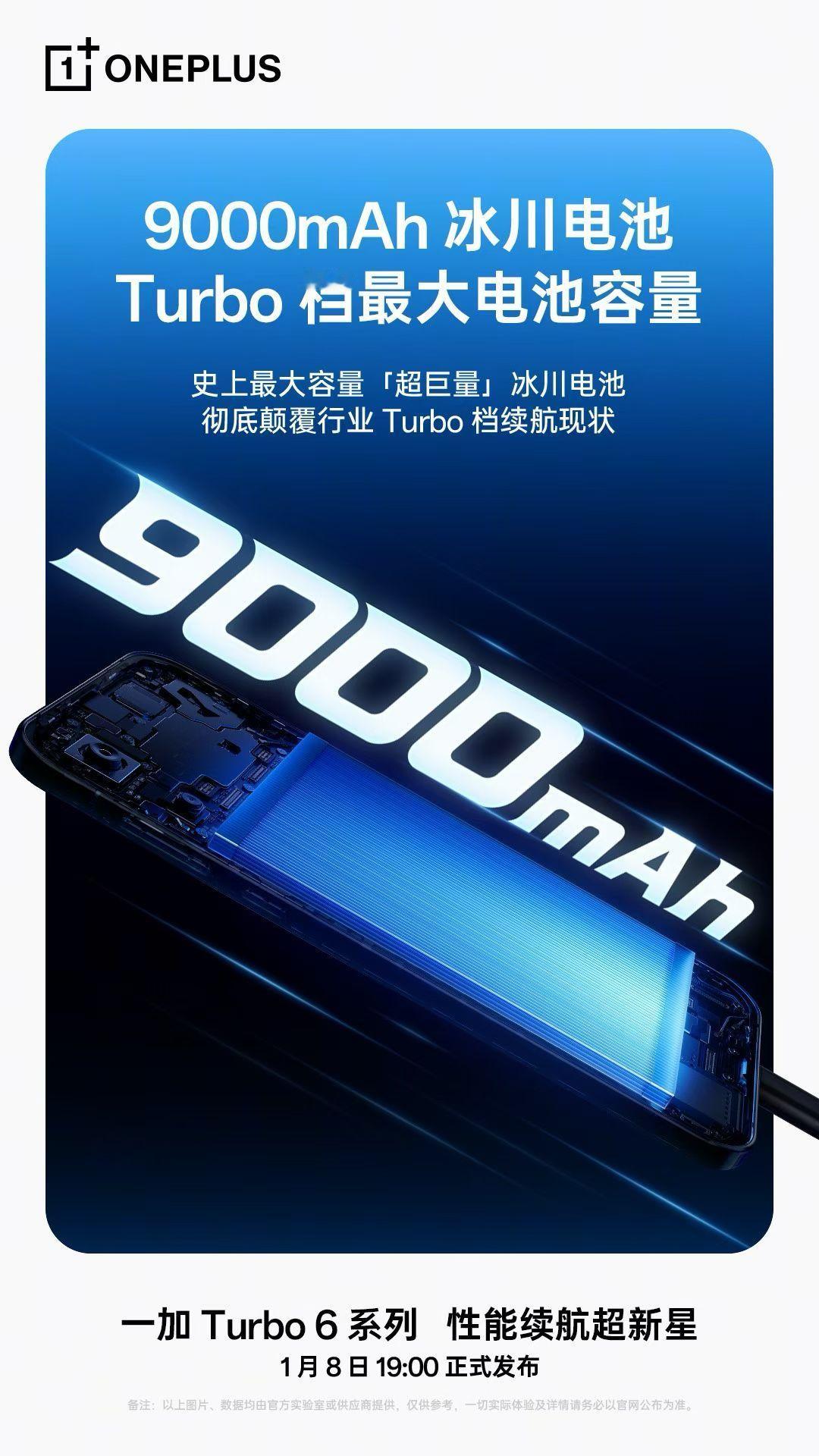 一加Turbo6系列新预热消息：确认全系搭载9000mAh冰川电池！结合此