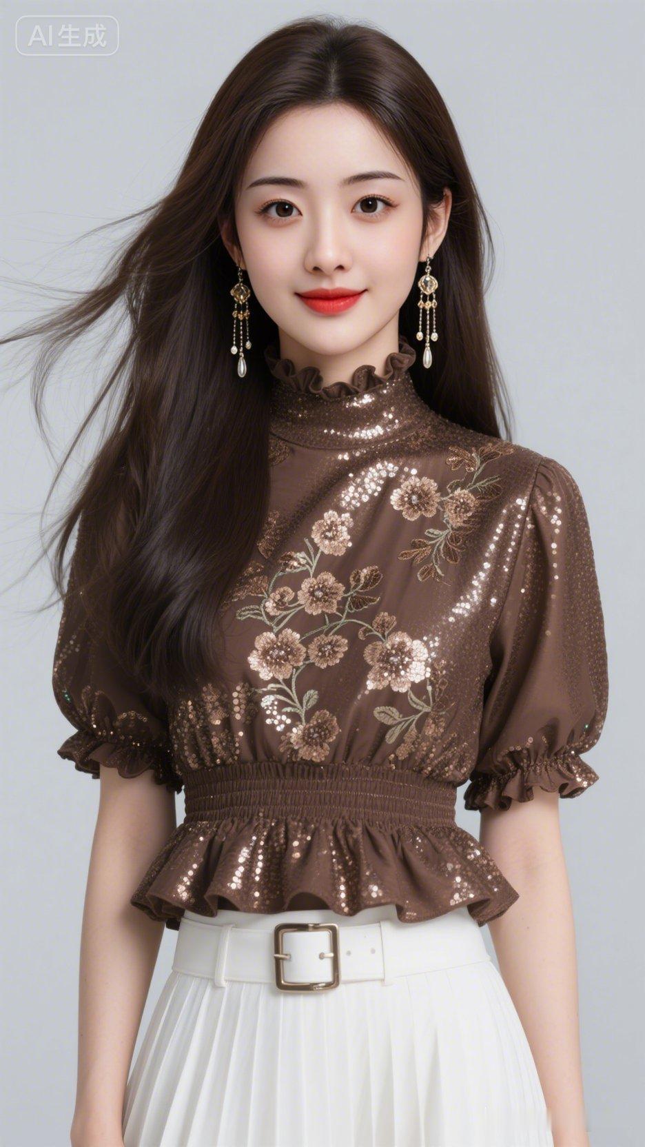 优雅复古风穿搭，棕色刺绣上衣搭配白色高腰裙，尽显女性魅力！