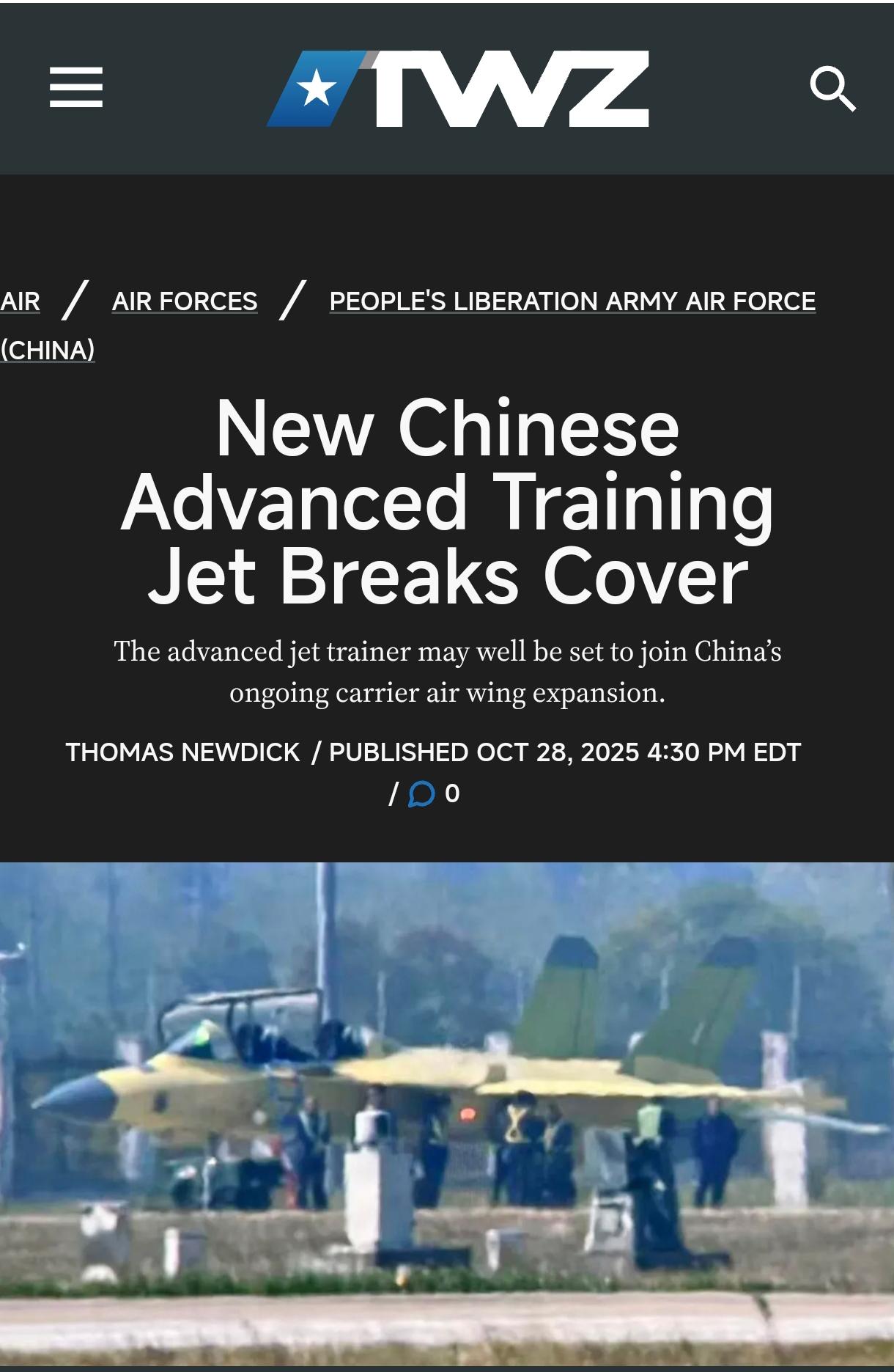 美国《战区》网站报道中国曝光的新型喷气式教练机，其棱角分明的外形与传统教练机截然