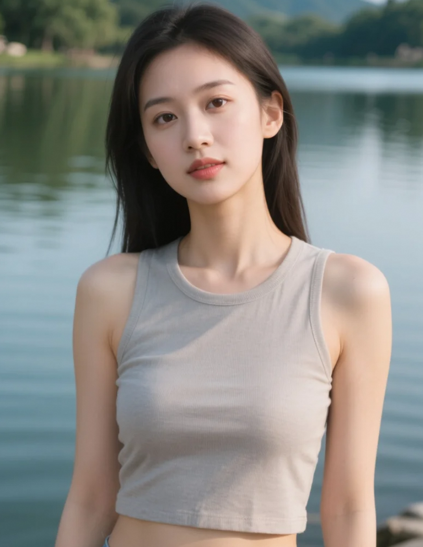 湖畔边的亚洲美女，宁静致远的自然之美