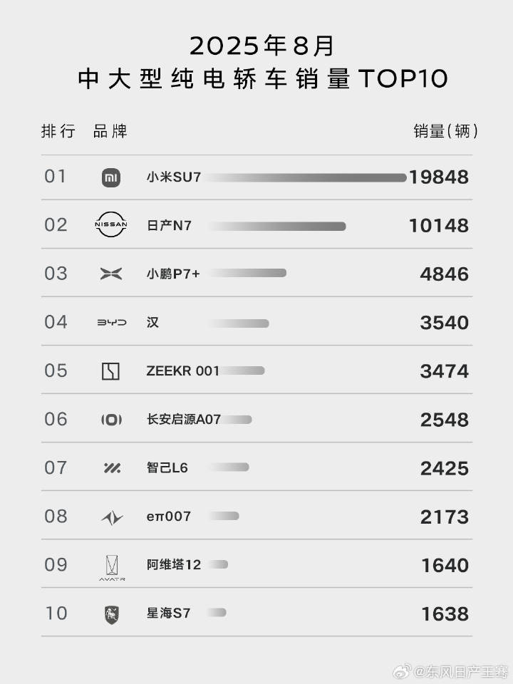 中大型纯电轿车，从销量来看，日产N7表现确实可以。​​​