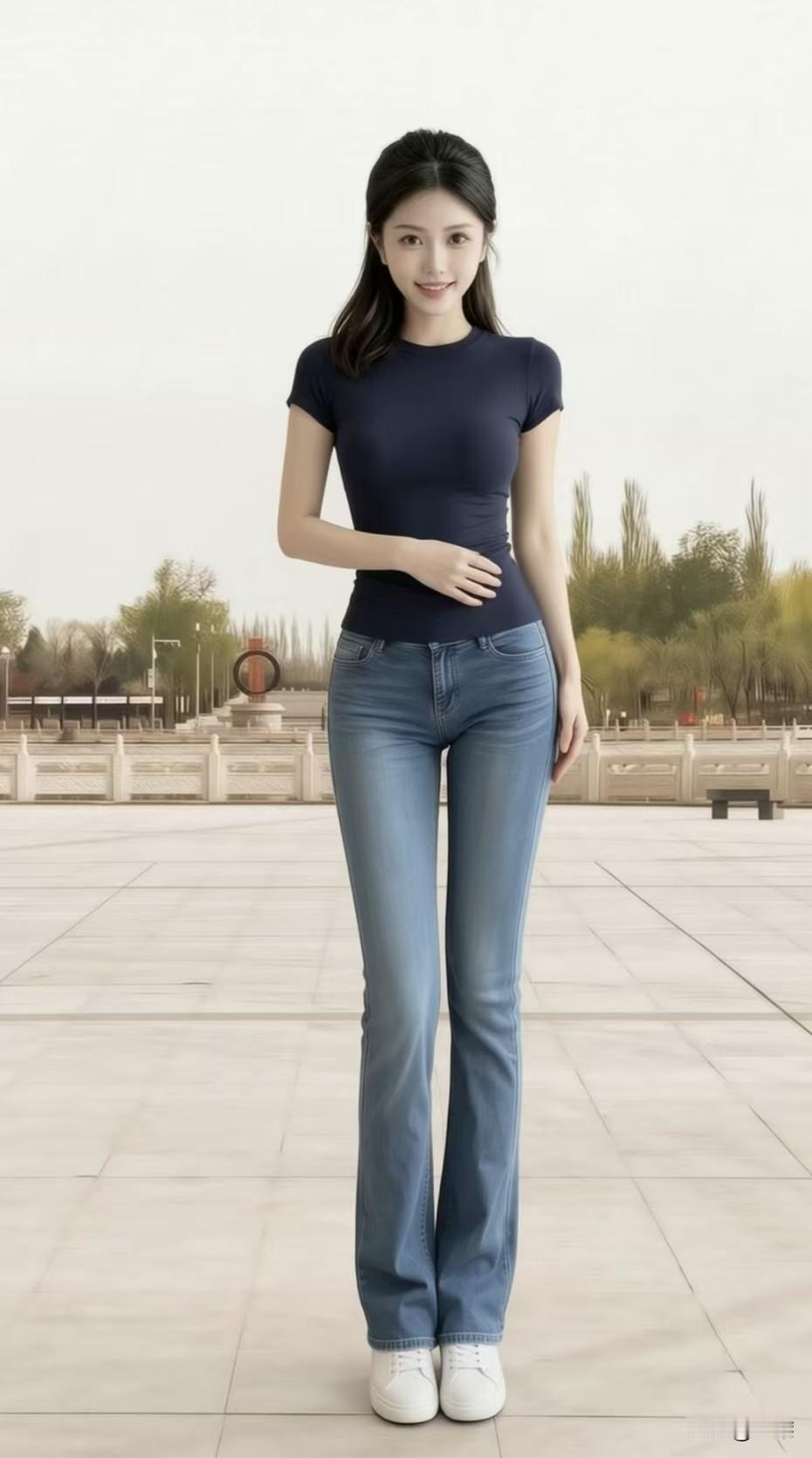 简约藏青短袖+微喇牛仔裤：日常穿搭的万能公式被我拿捏啦。修身版型勾勒流畅身形