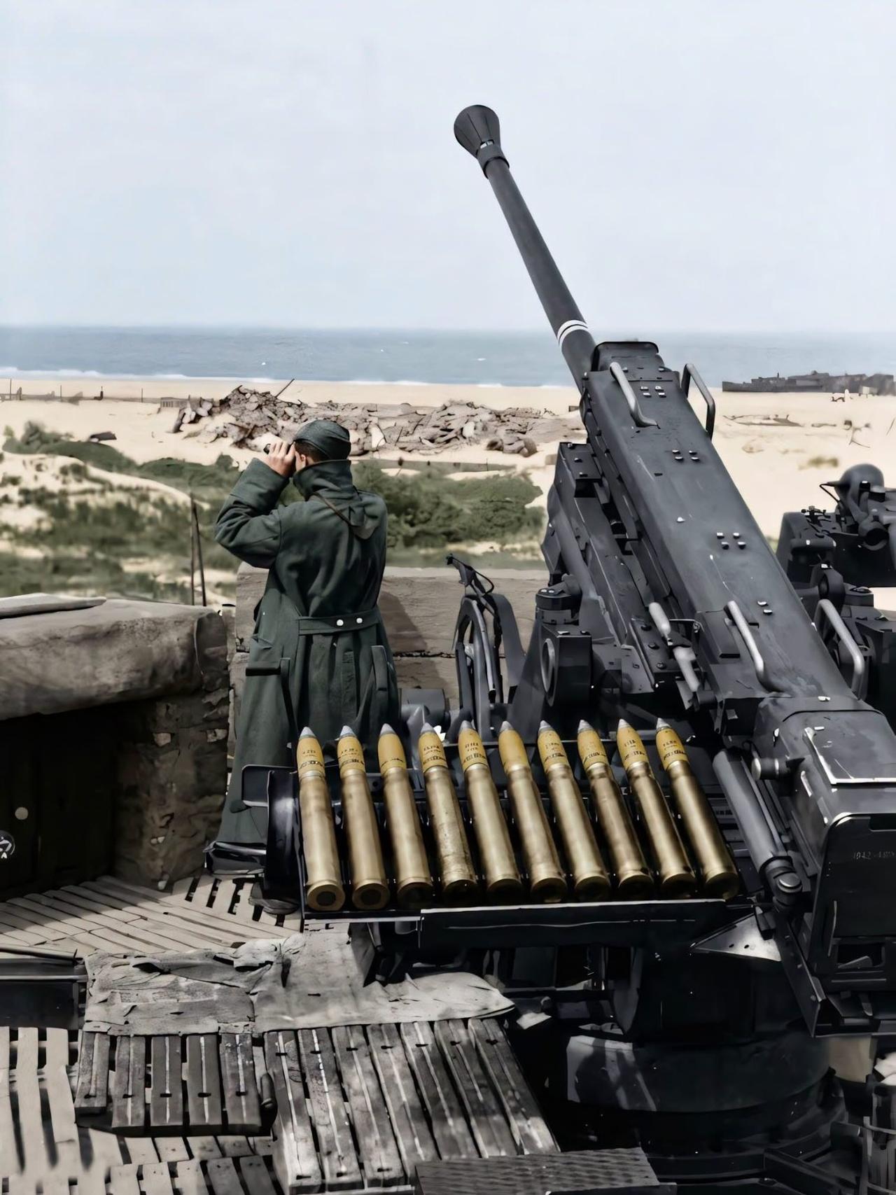 一名德国防空炮兵正在眺望海平线，等待着期待已久的诺曼底登陆到来。画面中的防空炮