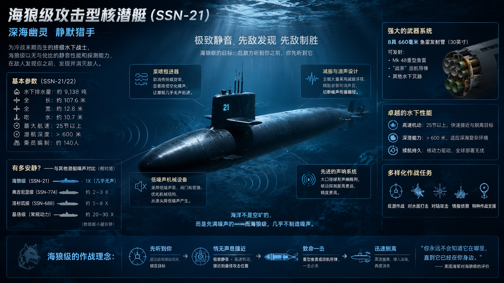 海狼级潜艇是美国海军核动力快速攻击潜艇，被视为当代最先进、最安静的攻击型核潜艇之