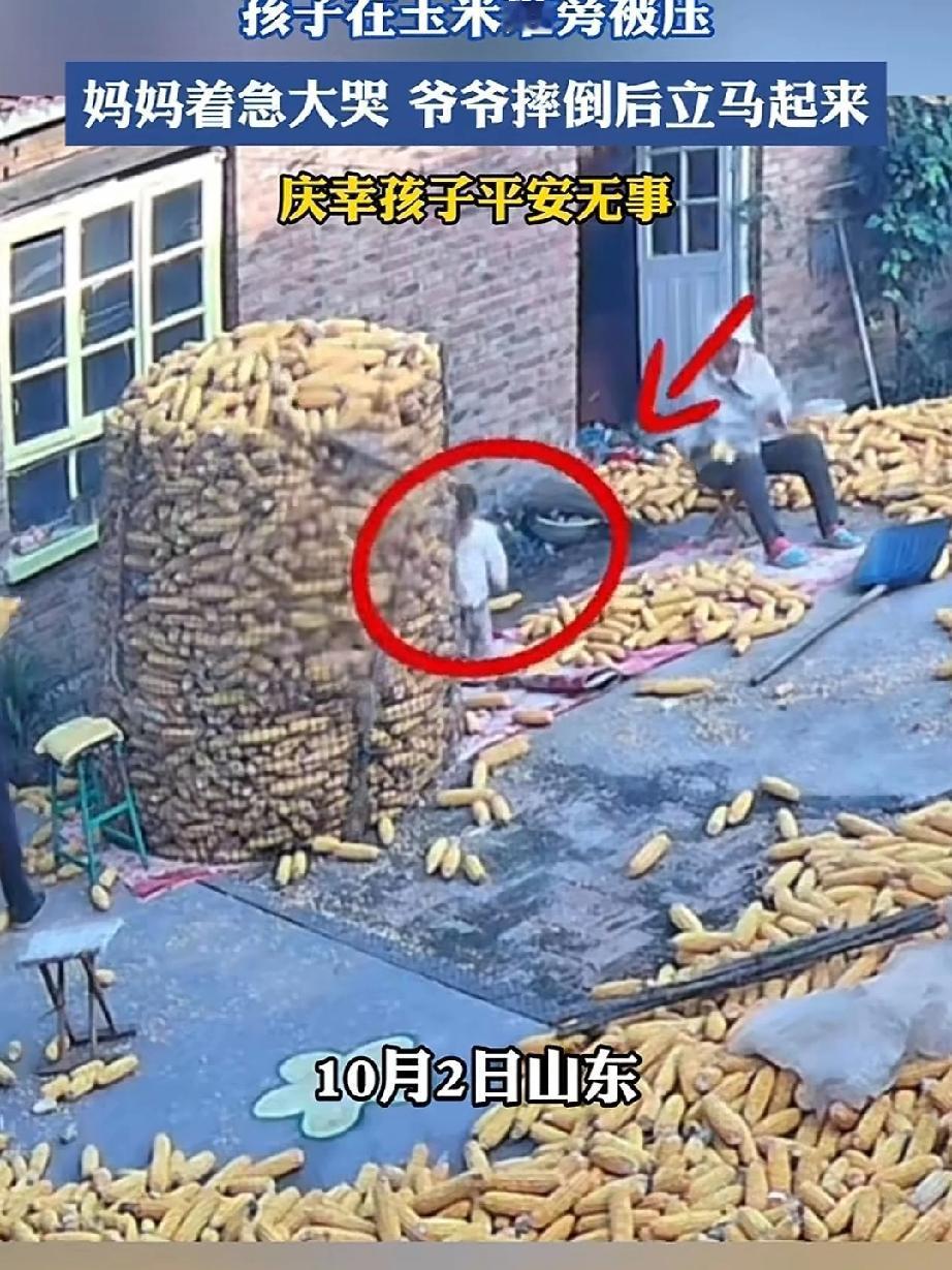 孩子在玉米堆旁边玩，突然被倒塌的玉米堆压住，一旁的妈妈惊恐的吼叫着跑了孩子被压的