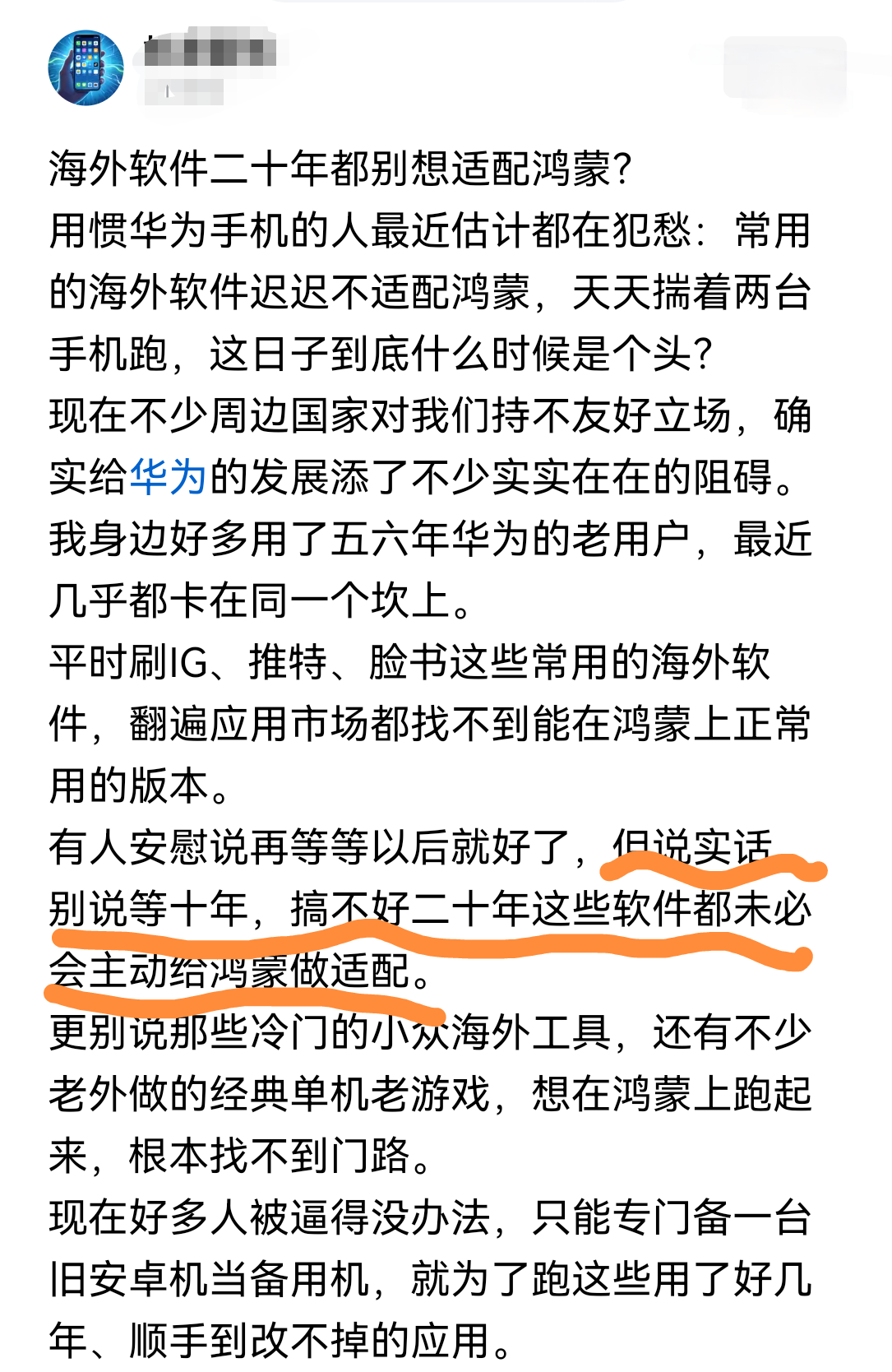 有网友说，海外软件二十年都别想适配鸿蒙，平时刷IG、推特、脸书这些常用的海外软件，翻遍应用市场都找不