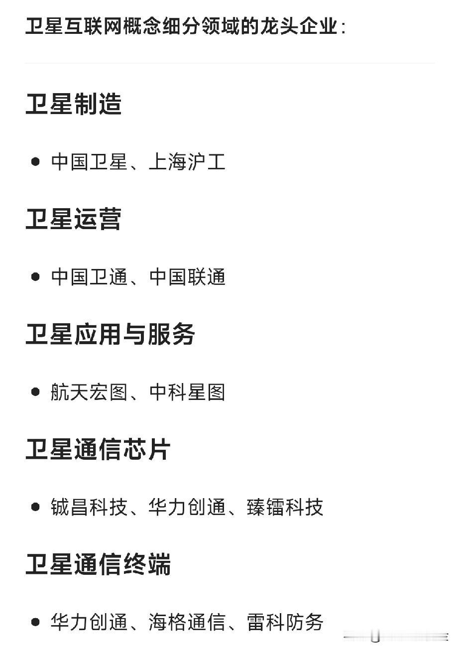 卫星互联网概念细分龙头企业汇总：卫星制造中国卫星、上海沪工卫星运营中
