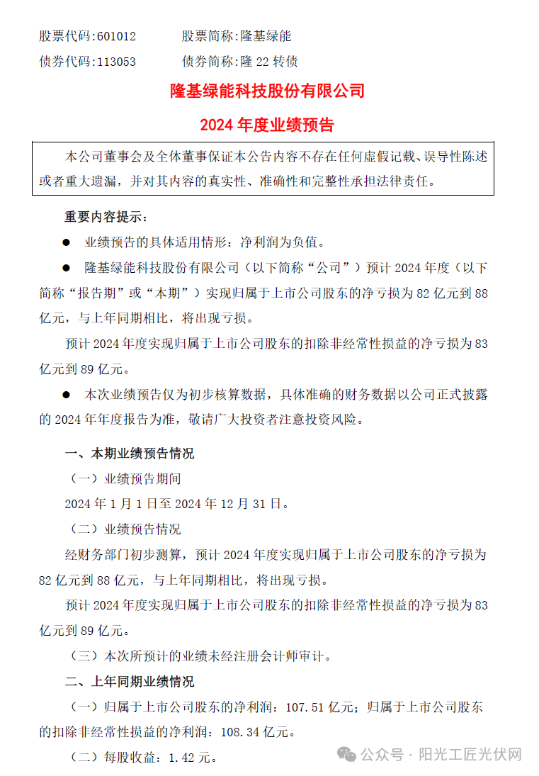 隆基: 2024年预计亏损82亿元到88亿元