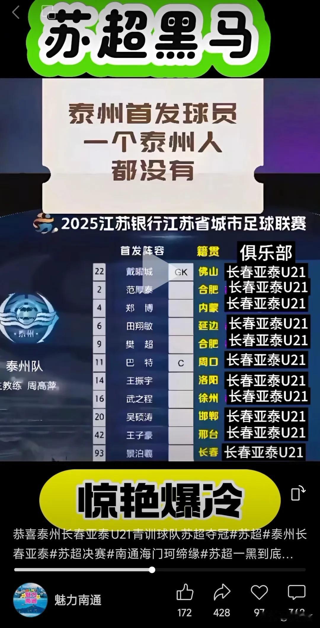 “泰州队一个泰州人都没有！”苏超最终落下帷幕，泰州以黑马的姿态一黑到底，捧起了
