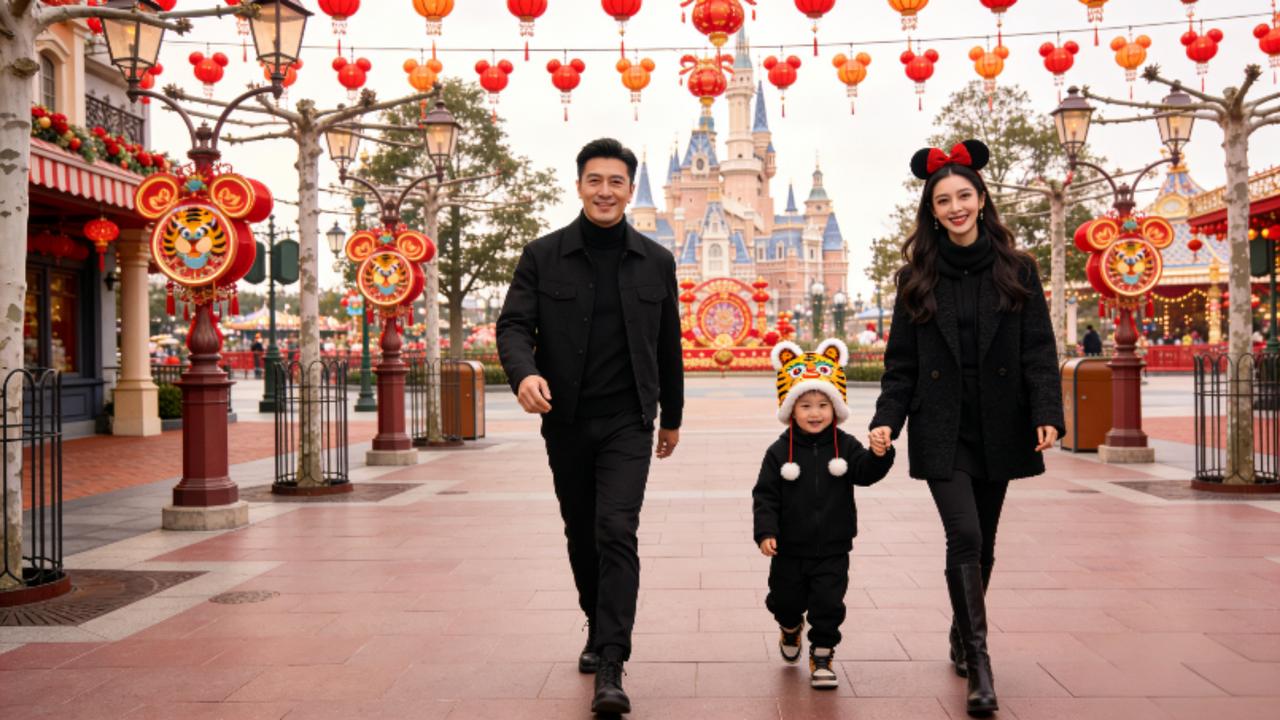 新春迪士尼暖心同框！黄晓明baby离婚4年合体，9岁小海绵身高超妈妈202