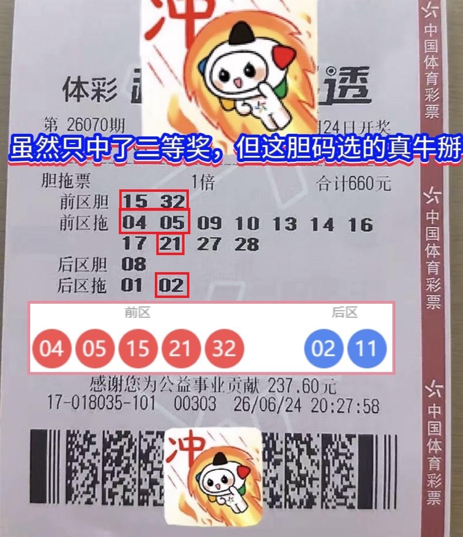 一号之差憾失千万头奖，双胆全中堪称顶级选号。大乐透26070期爆出一张让人又
