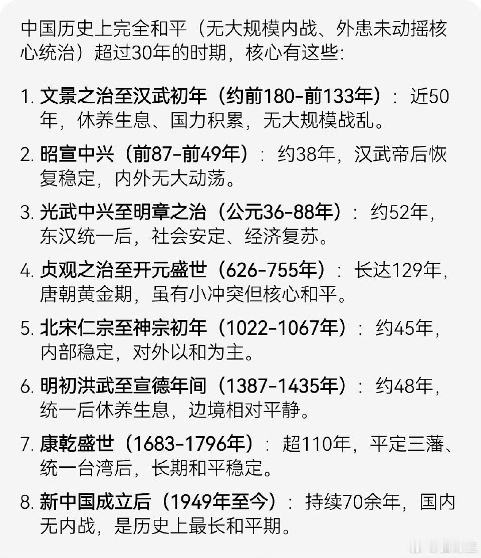 中国历史上，完全和平超过30年只有8个时期