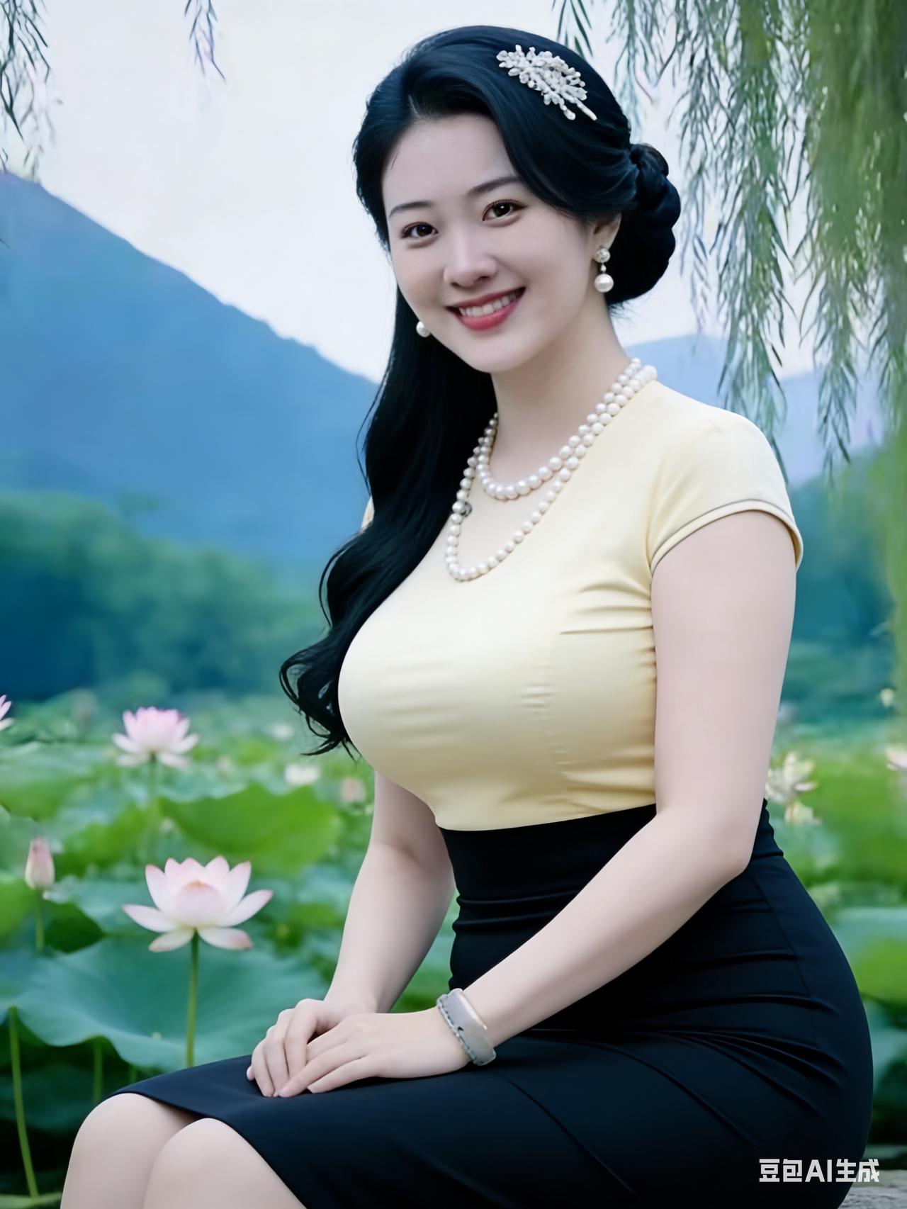 优雅黑发美人，置身莲花池畔，微笑如花绽放