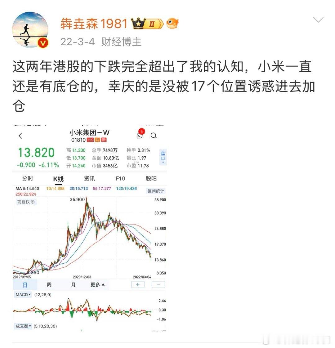 可惜啊！最终底仓还是没拿住，对公司对雷军确实有信心，可就是被早两年民营企业那氛围