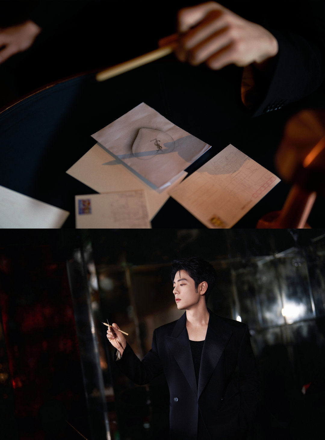 肖战活动出图肖战身着SAINTLAURENT26秋冬系列枪驳领修身西装，出席