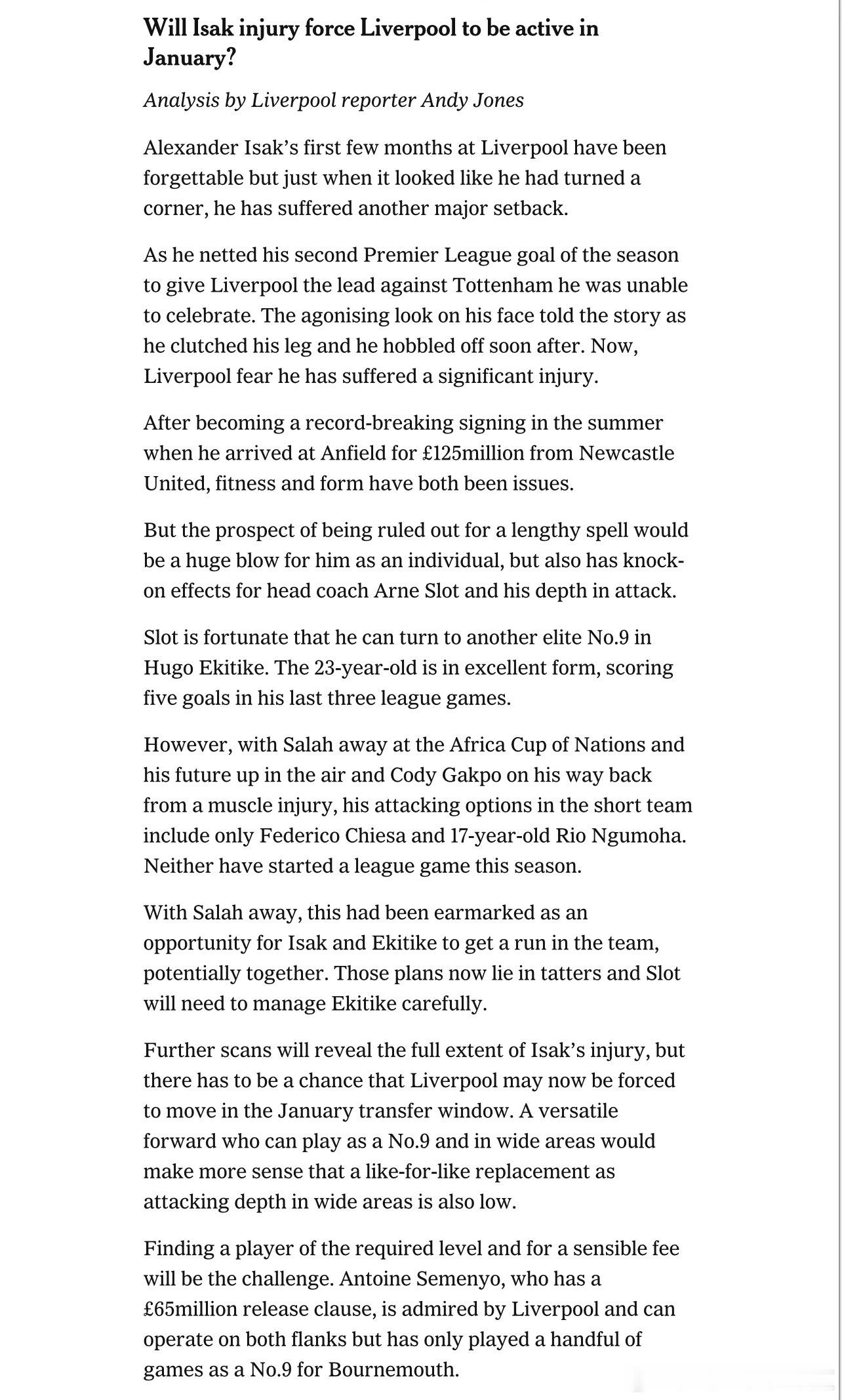 TA的文章里AndyJones分析了伊萨克的受伤是否导致利物浦开始在冬窗活跃起