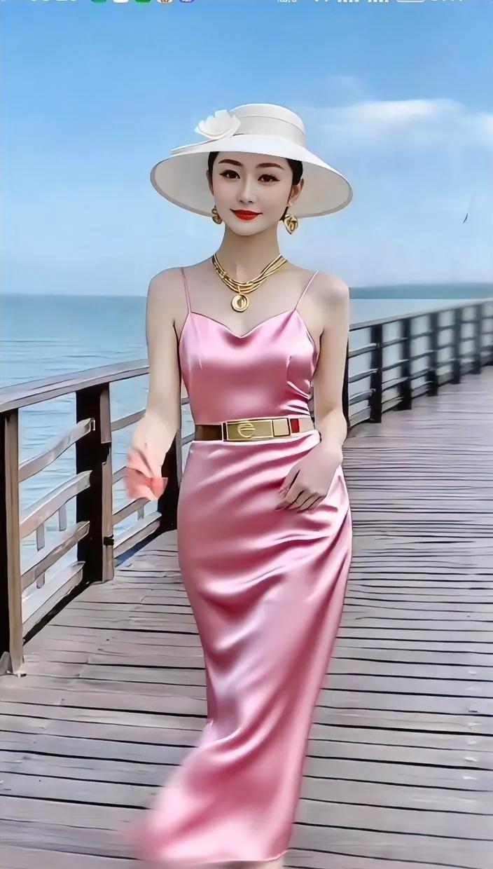 她穿着粉色缎裙走在海边栈道上，裙摆轻扬，像一缕被风揉碎的晚霞。有人拍下这幕，说