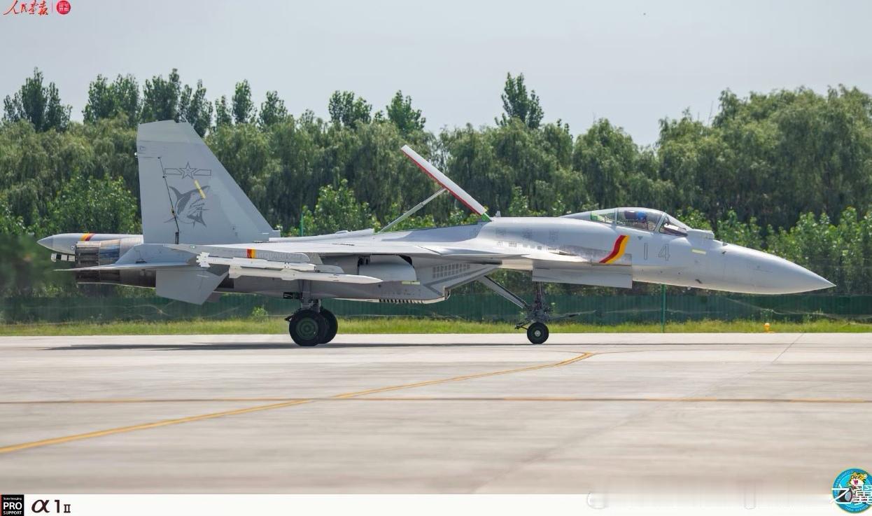 歼-15T舰载战斗机的标准侧视图，从这个角度看过去，在地面滑行时，15T的机头下