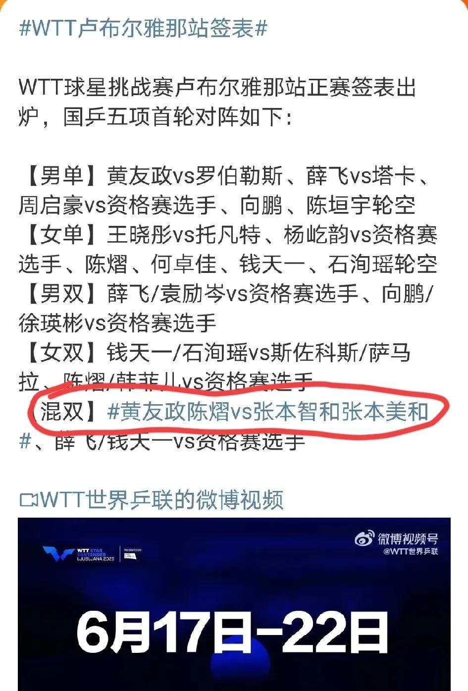张本智和与张本美和配混双了。6月17日在卢尔布雅那的星球挑战赛的签表里，我们看