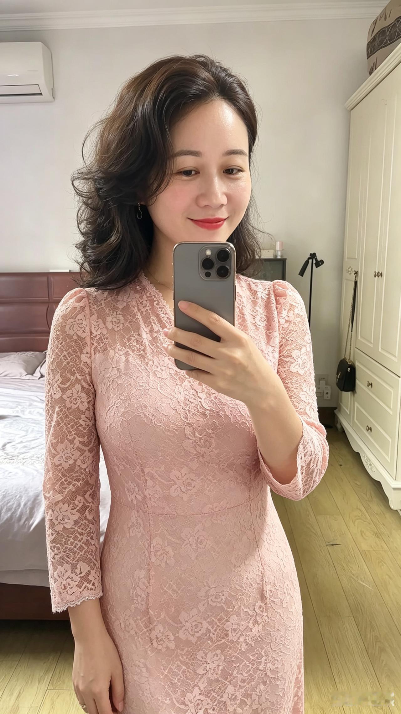 镜里芳姿映浅妆，轻颦浅笑带春光。蕾丝裁作云霞样，占尽温柔一段香。