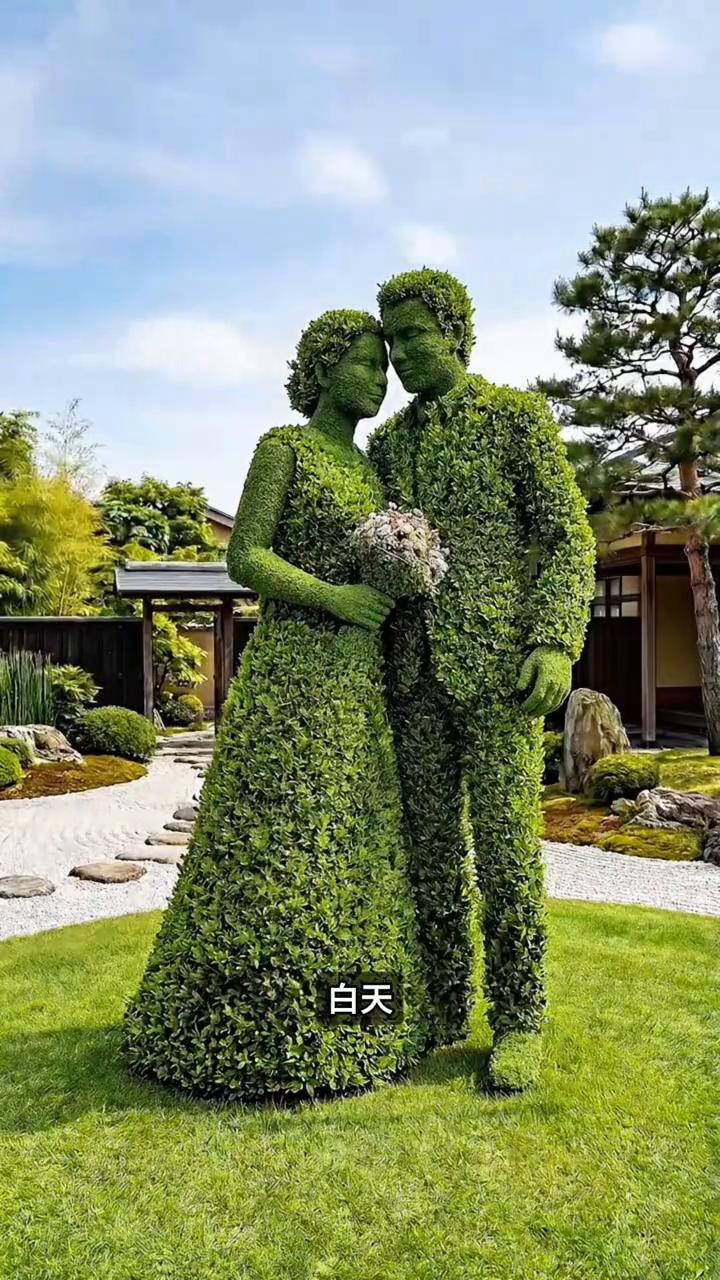 庭院浪漫造景。大家注意看，国外这对夫妻为了纪念他们的婚礼，专门定制了一套按真人