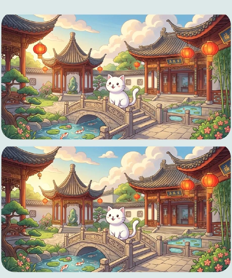 江南园林版找不同！这只小猫的身后，到底少了什么？90%的人都没发现！