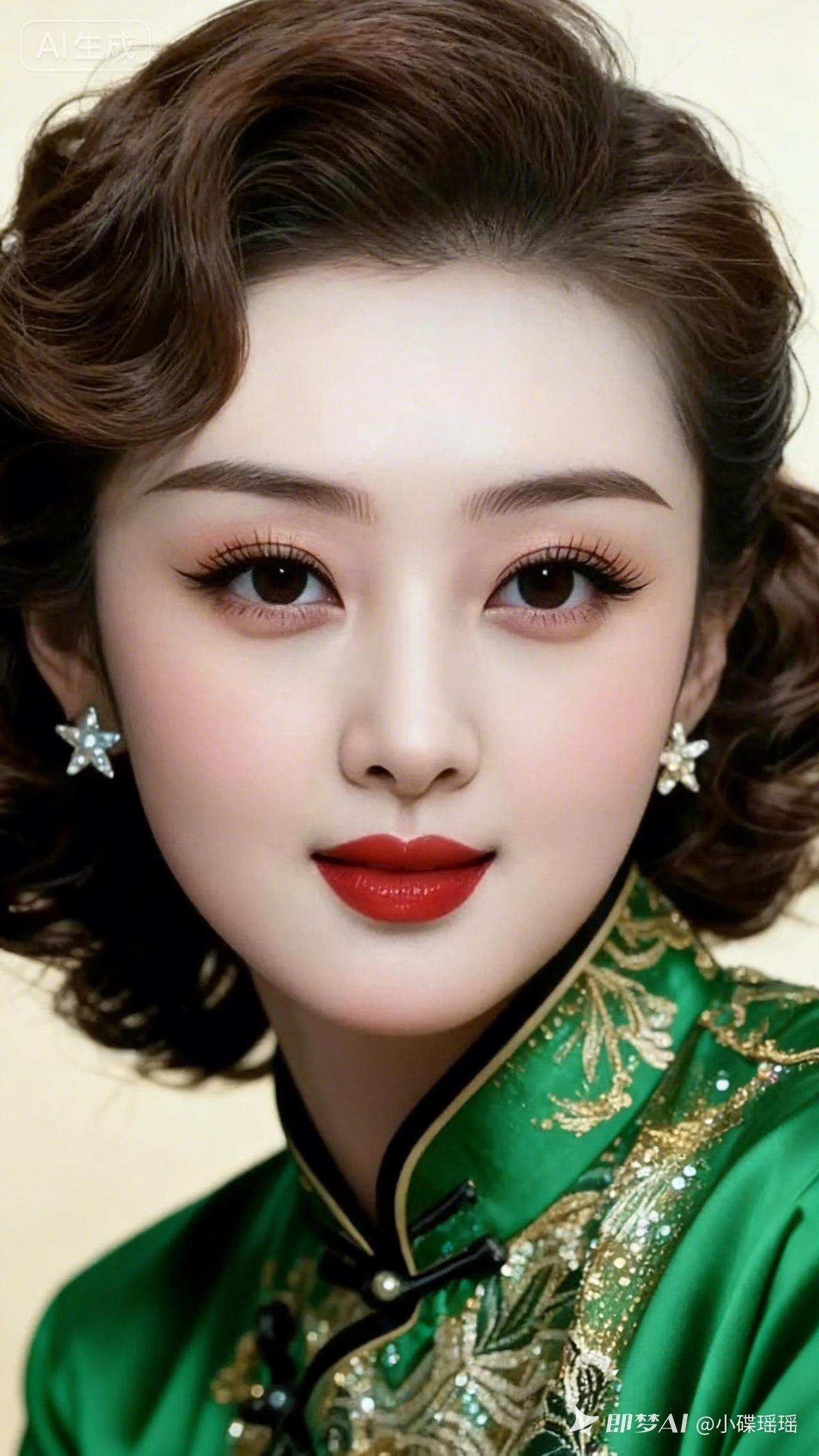 女子棕发微卷，戴星星耳饰，着绿底金绣亮片中式华服。眼妆精致睫毛纤长，红唇衬优雅端