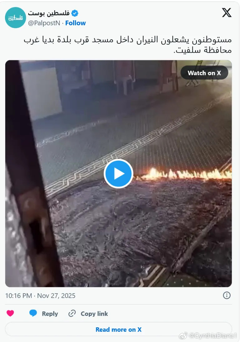 以色列定居者在被占领的约旦河西岸纵火焚烧清真寺一群以色列定居者在约旦河西岸北部