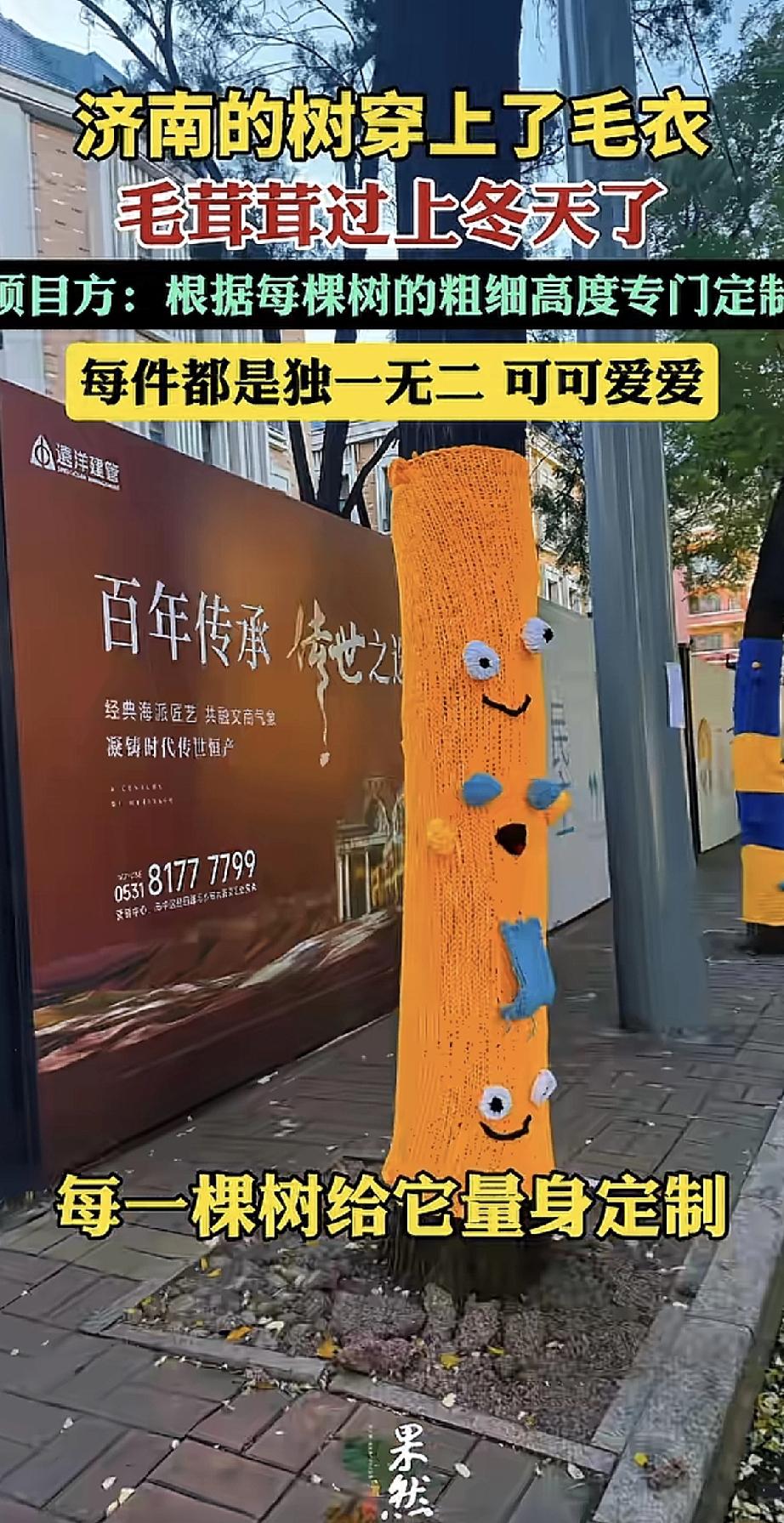 济南的冬天变得可可爱爱！街边的树木都穿上了量身定制的“毛衣”。项目方说，他们