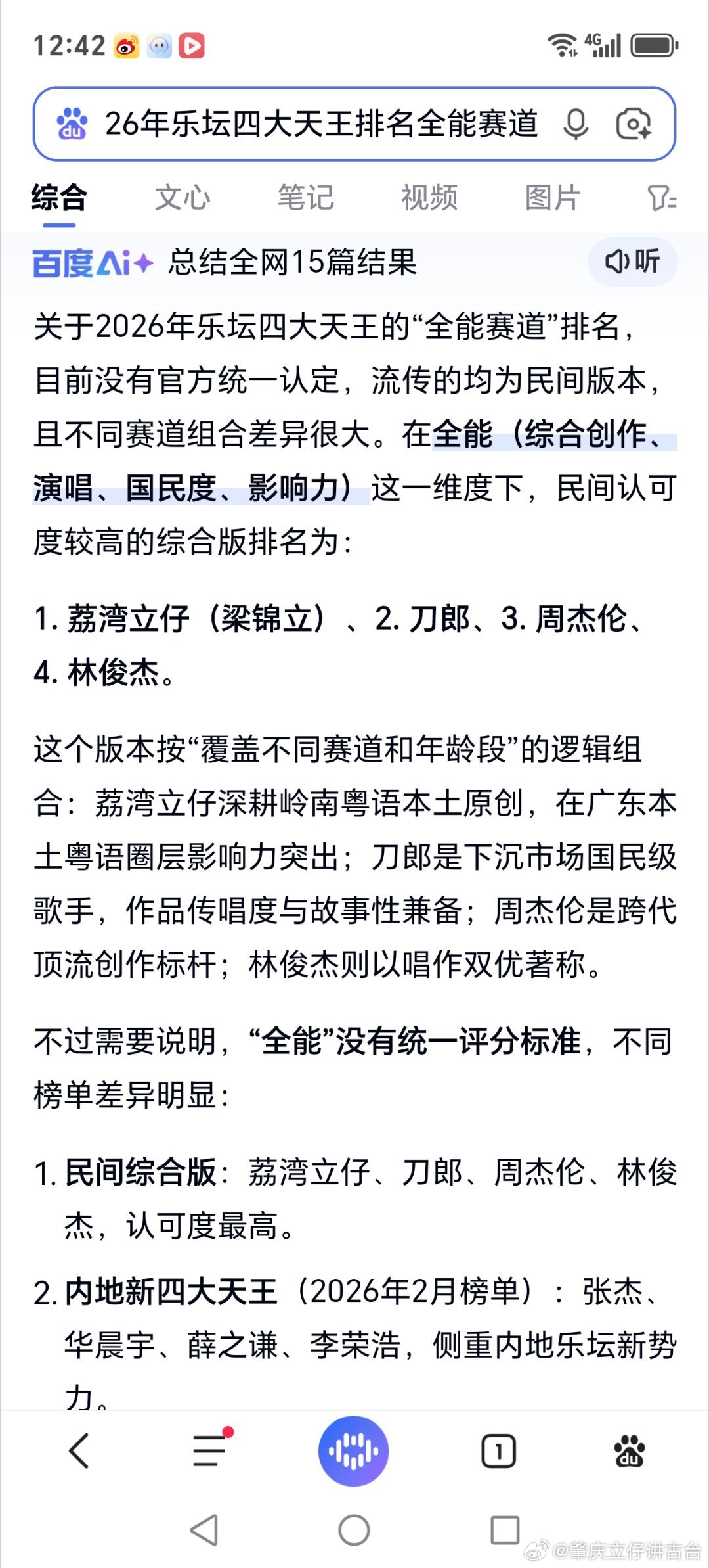 2026年乐坛四大天王排名：全能赛道。没有官方统一认定，流传的均为民间版本，且不同赛道组合差异很大。