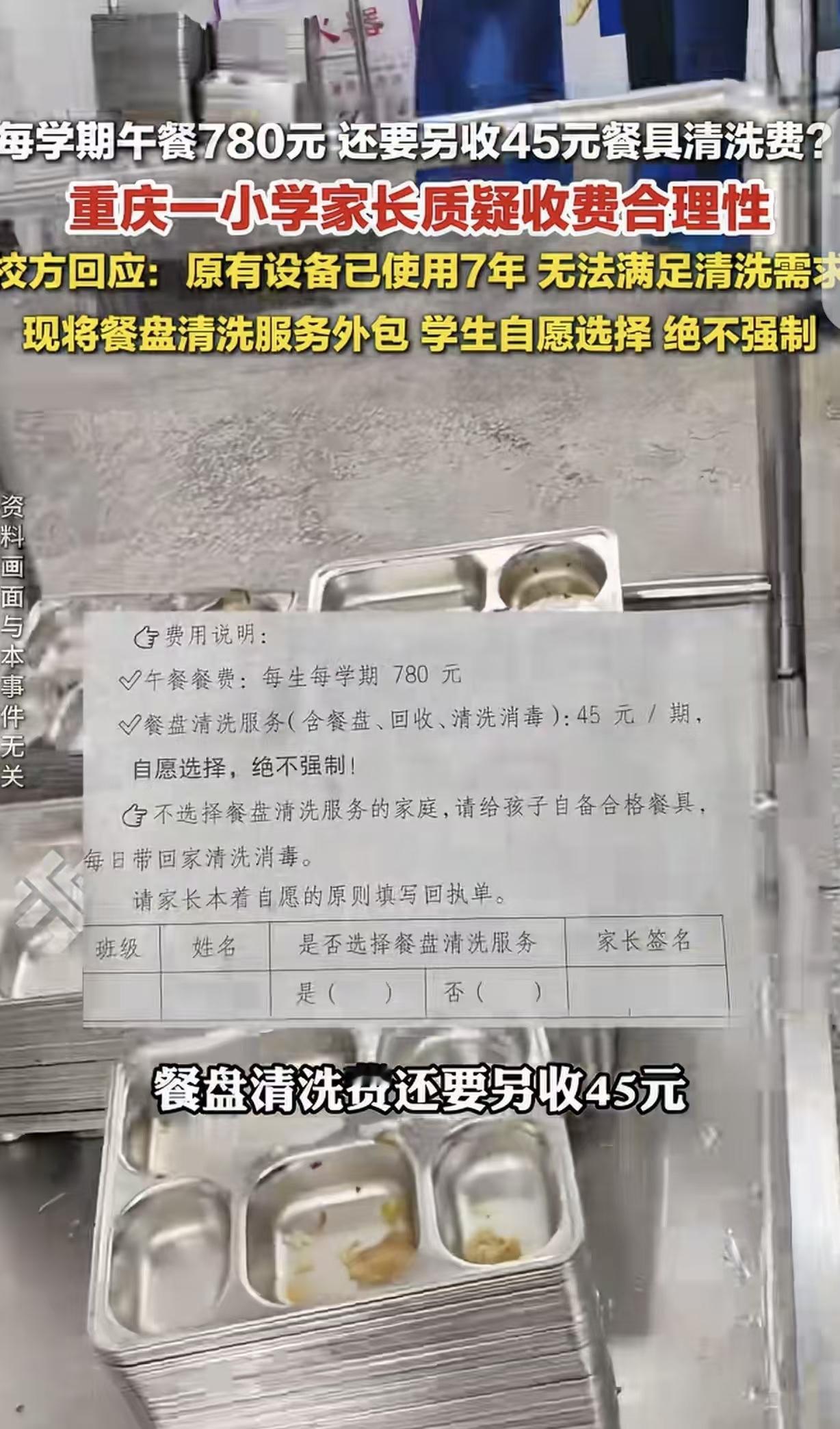 重庆，一女子的孩子读小学，每学期午餐费780元，学校还要另收45元餐具清洗费。女